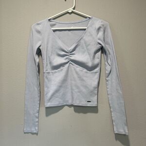 Hollister Womens Babydoll Top Small Long Sleeve Blue Logo Stretch Soft Girl